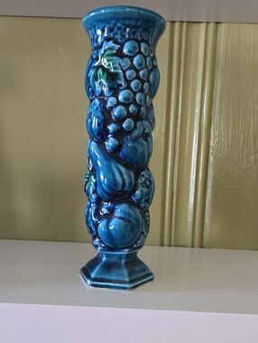 Vintage Inarco Blue Ceramic Vase with Embossed Fruit And Florals
